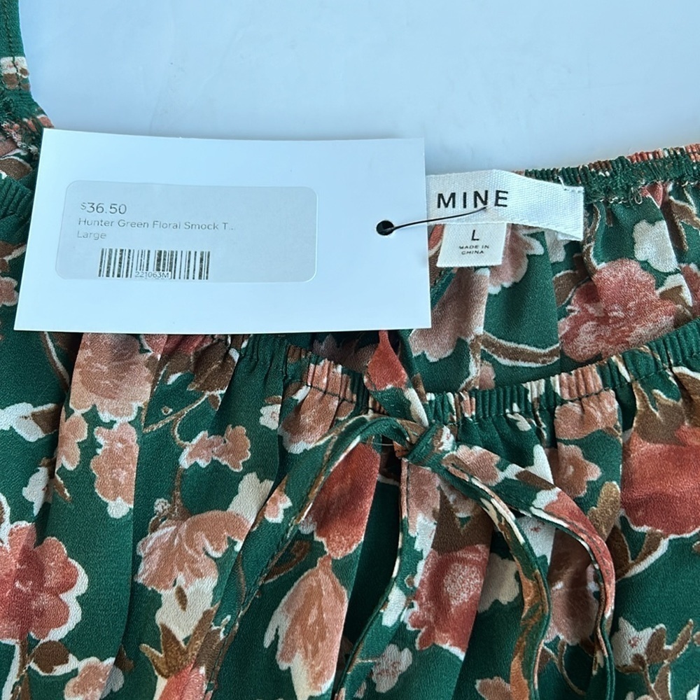 MINE hunter green floral smocked top cropped long sleeve tie at bust scoop back - Picture 13 of 15